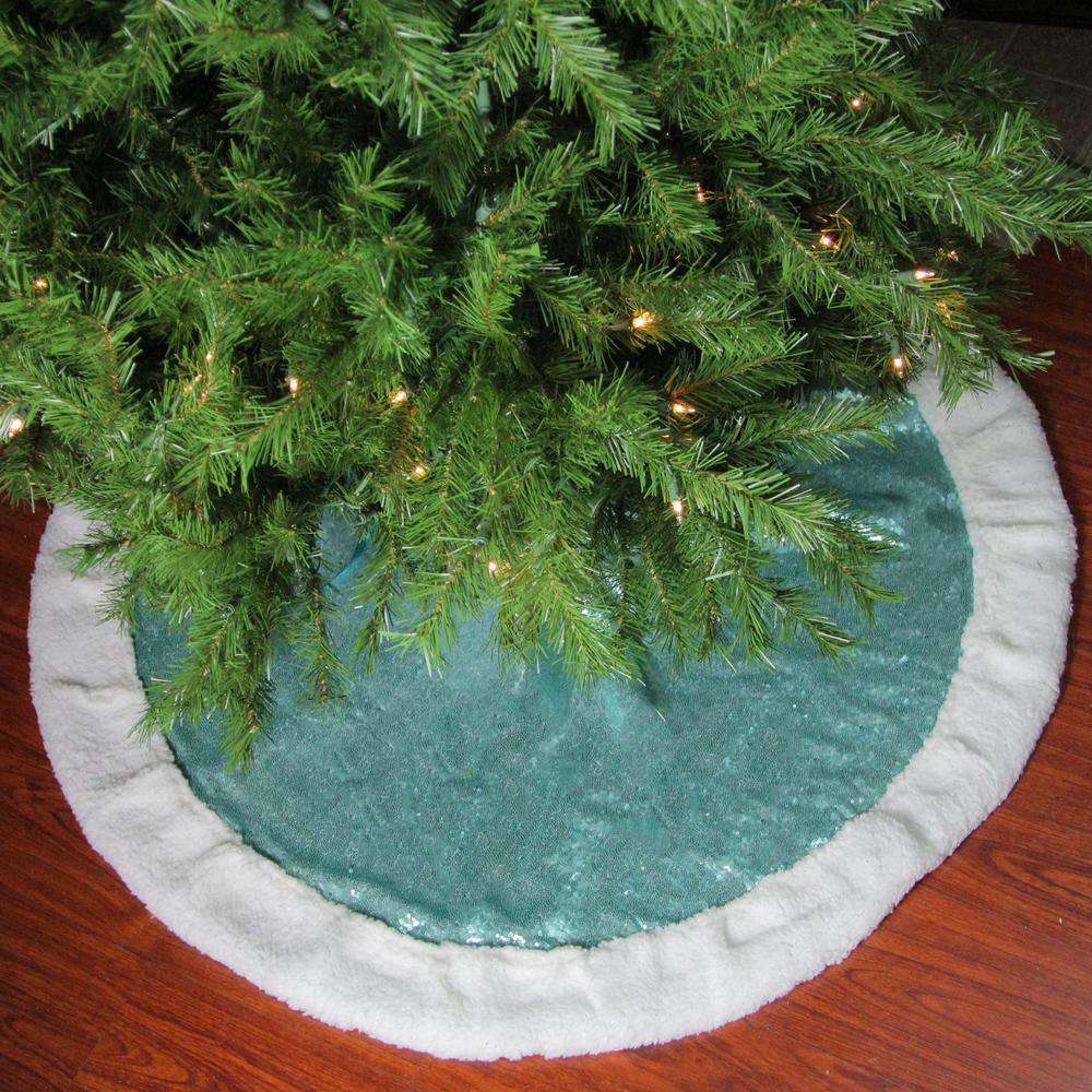 47" Blue and White Paillette Sequins Christmas Tree Skirt. Picture 2