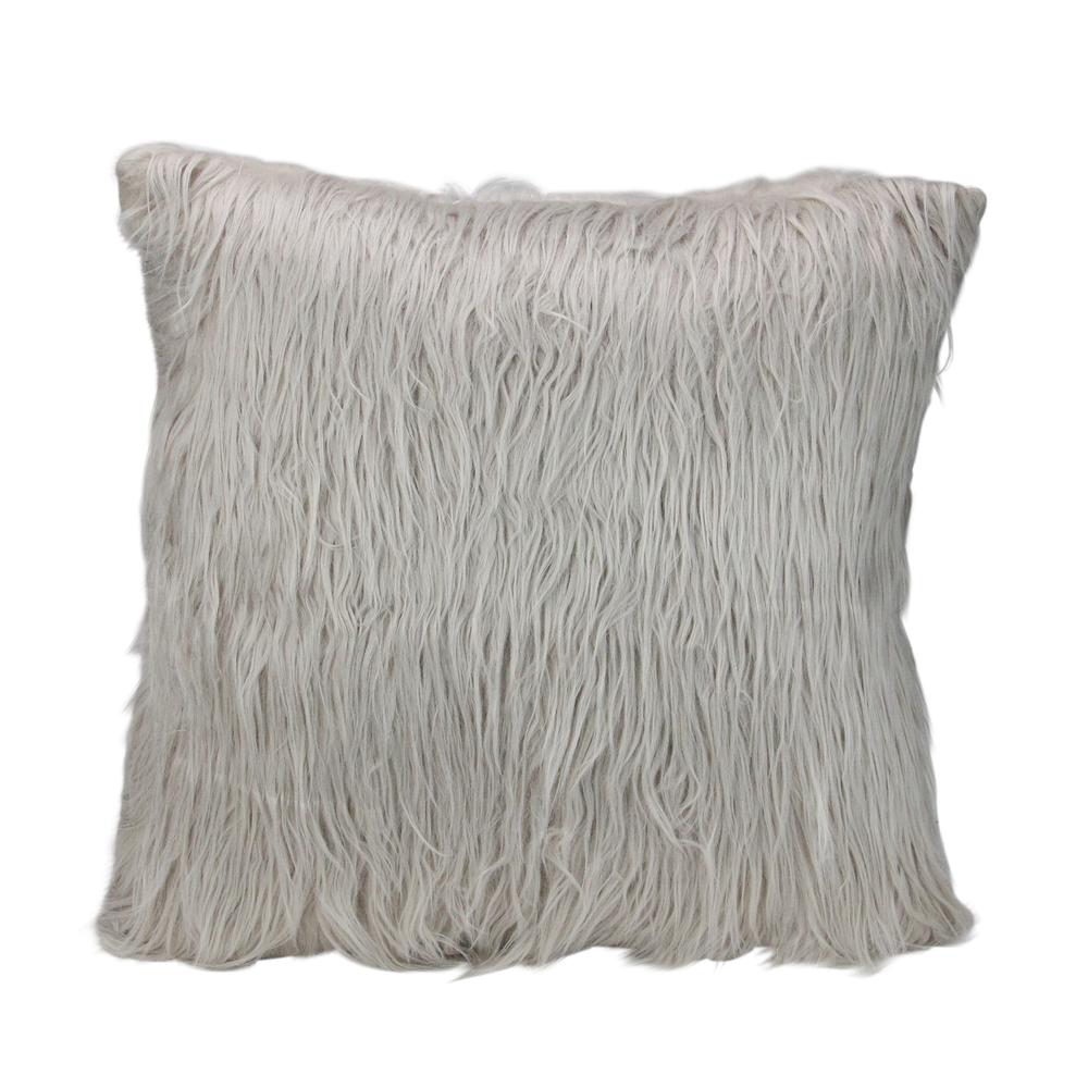17" Beige and Taupe Faux Fur Square Throw Pillow with Suede Backing. Picture 1