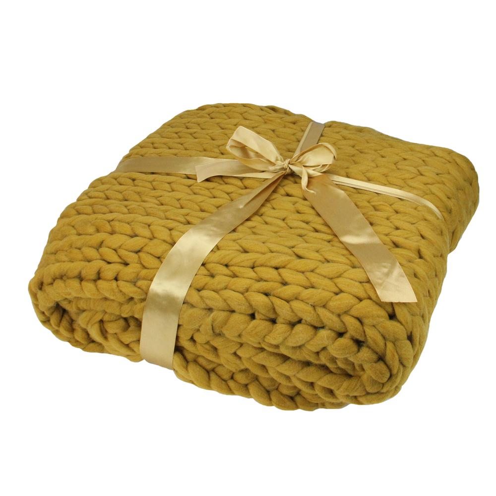 Golden Mustard Cable Knit Plush Throw Blanket 50 x 60. Picture 2