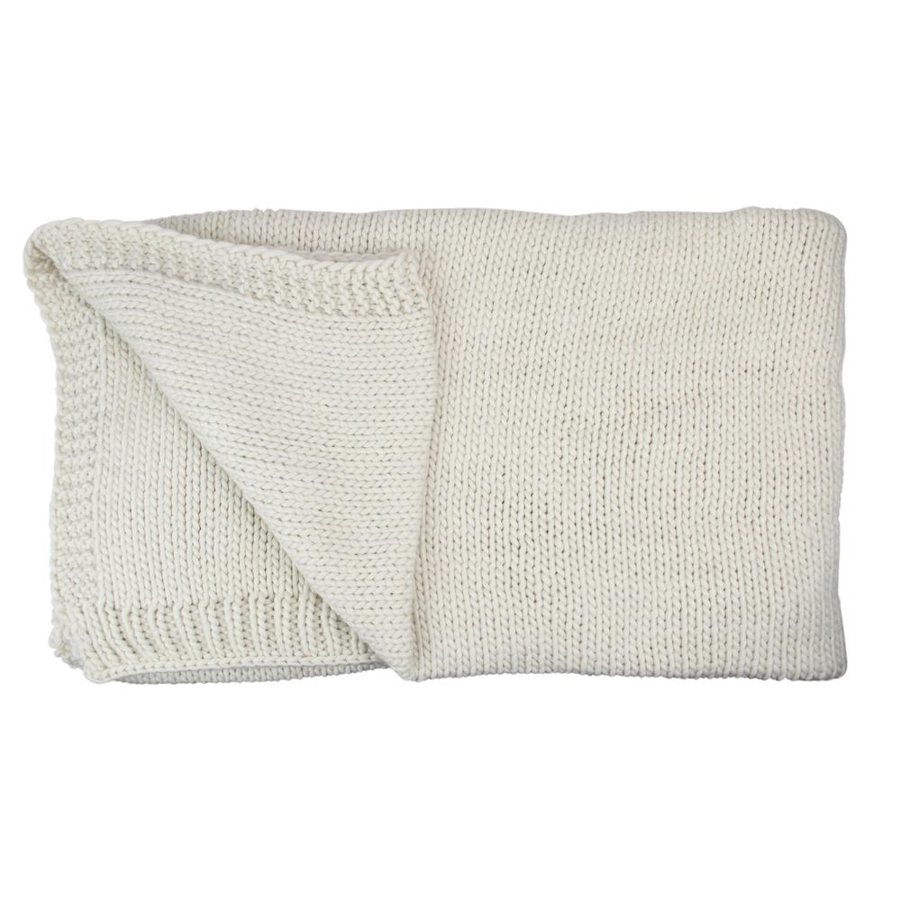 Ivory Super Plush Knitted Throw Blanket with Carrying Band 60" x 60". Picture 1