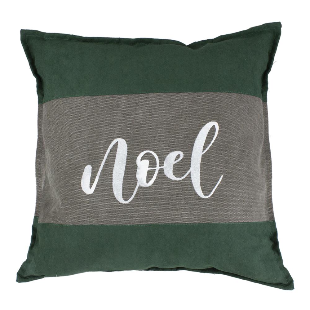 18" Green and Brown Suede "Noel" Christmas Square Throw Pillow. Picture 1
