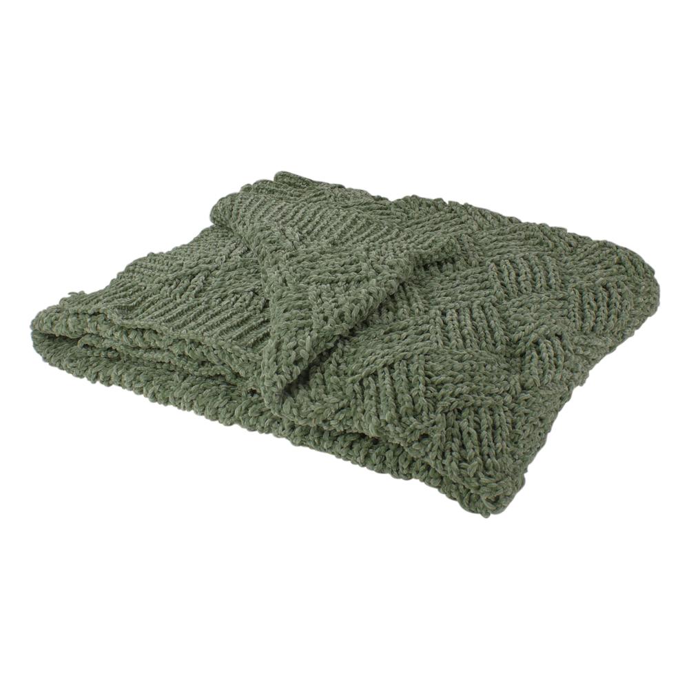 Green Chenille Cable Knit Rectangular Throw Blanket 50" x 60". Picture 1