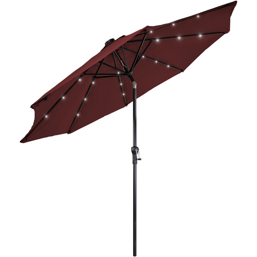 Solar Lighted Outdoor Patio Market Umbrella with Hand Crank and Tilt  Burgundy. Picture 2