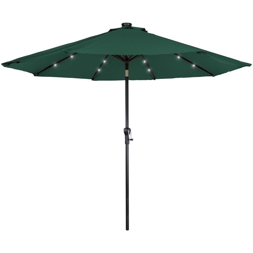 Solar Lighted Outdoor Market Umbrella with Hand Crank and Tilt  Hunter Green. Picture 1