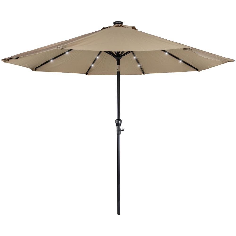 9ft Solar Lighted Outdoor Patio Market Umbrella with Hand Crank and Tilt  Taupe. Picture 1