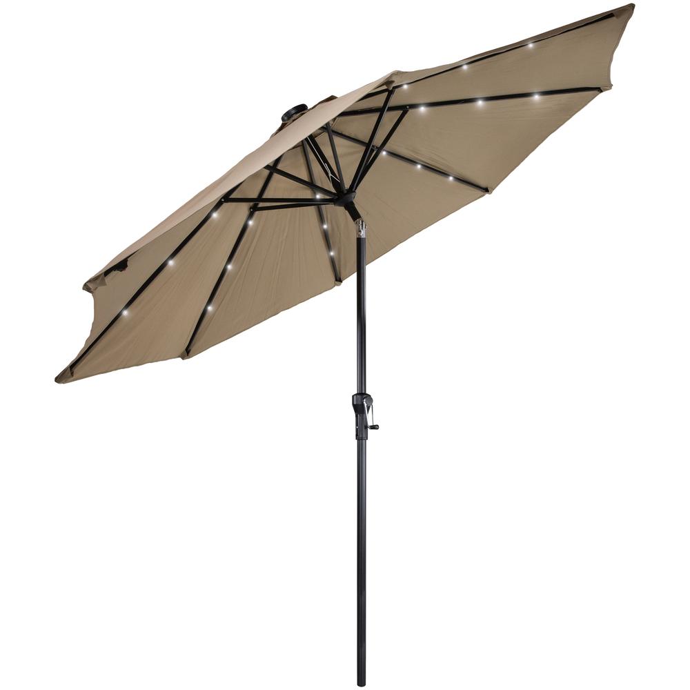 9ft Solar Lighted Outdoor Patio Market Umbrella with Hand Crank and Tilt  Taupe. Picture 2
