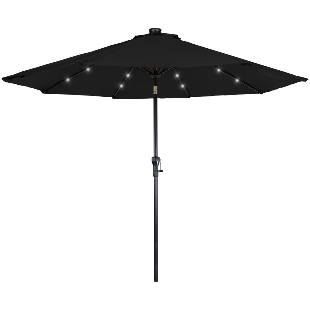 9ft Solar Lighted Outdoor Patio Market Umbrella with Hand Crank and Tilt  Black. Picture 1
