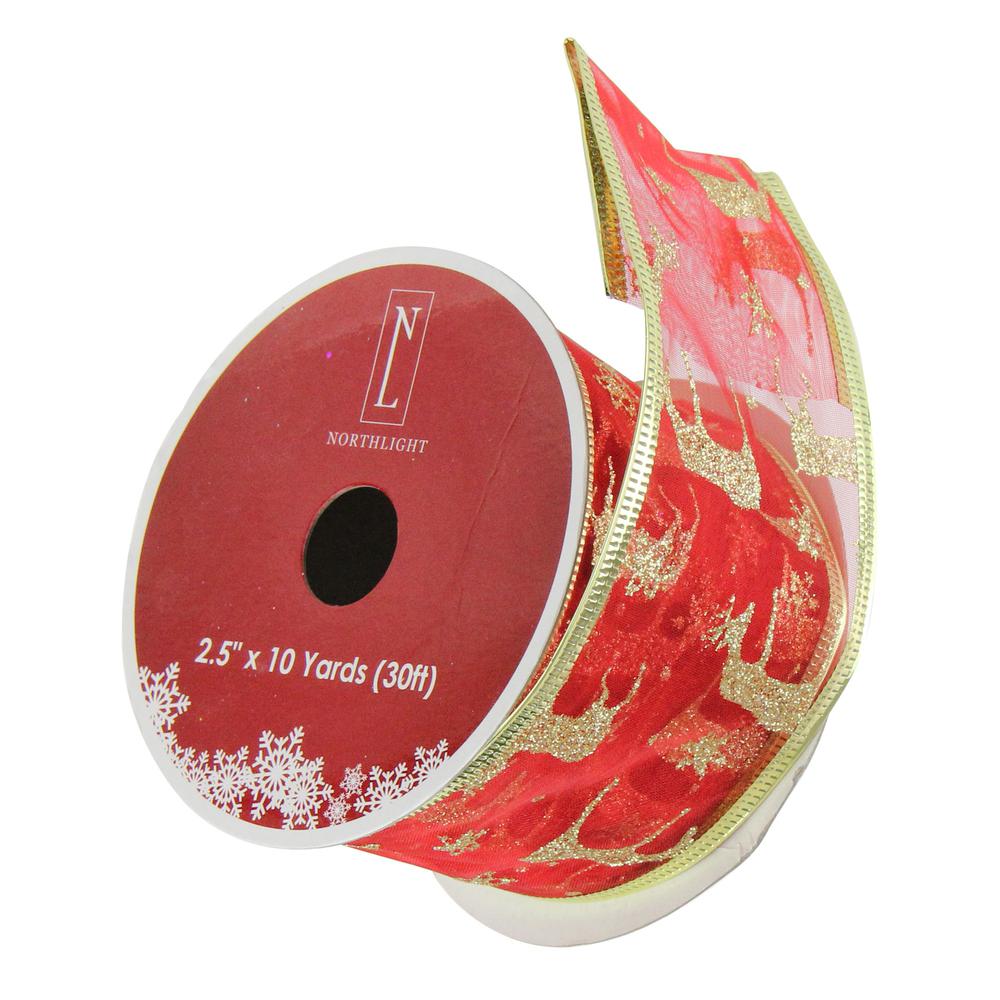 Club Pack of 12 Red and Gold Reindeer Wired Christmas Craft Ribbon 2.5" x 120 Yards. Picture 3