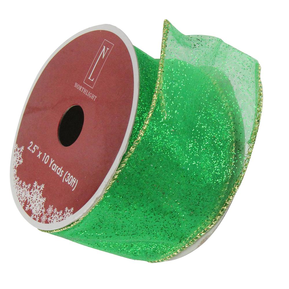 Club Pack of 12 Green and Gold Shimmering Wired Christmas Craft Ribbon 2.5" x 120 Yards. Picture 3