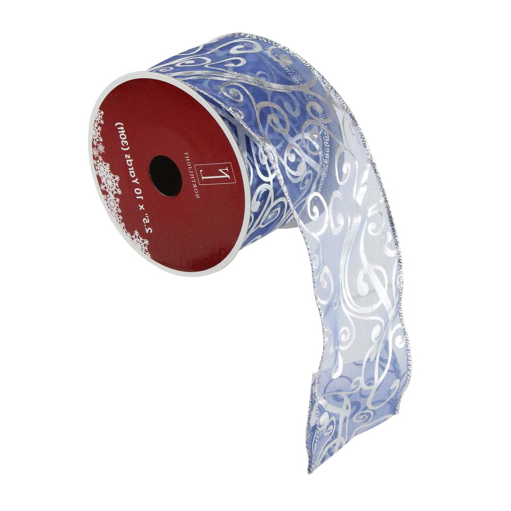Pack of 12 Blue and Silver Shiny Swirls Christmas Wired Craft Ribbon 2.5" x 120 Yards. Picture 3