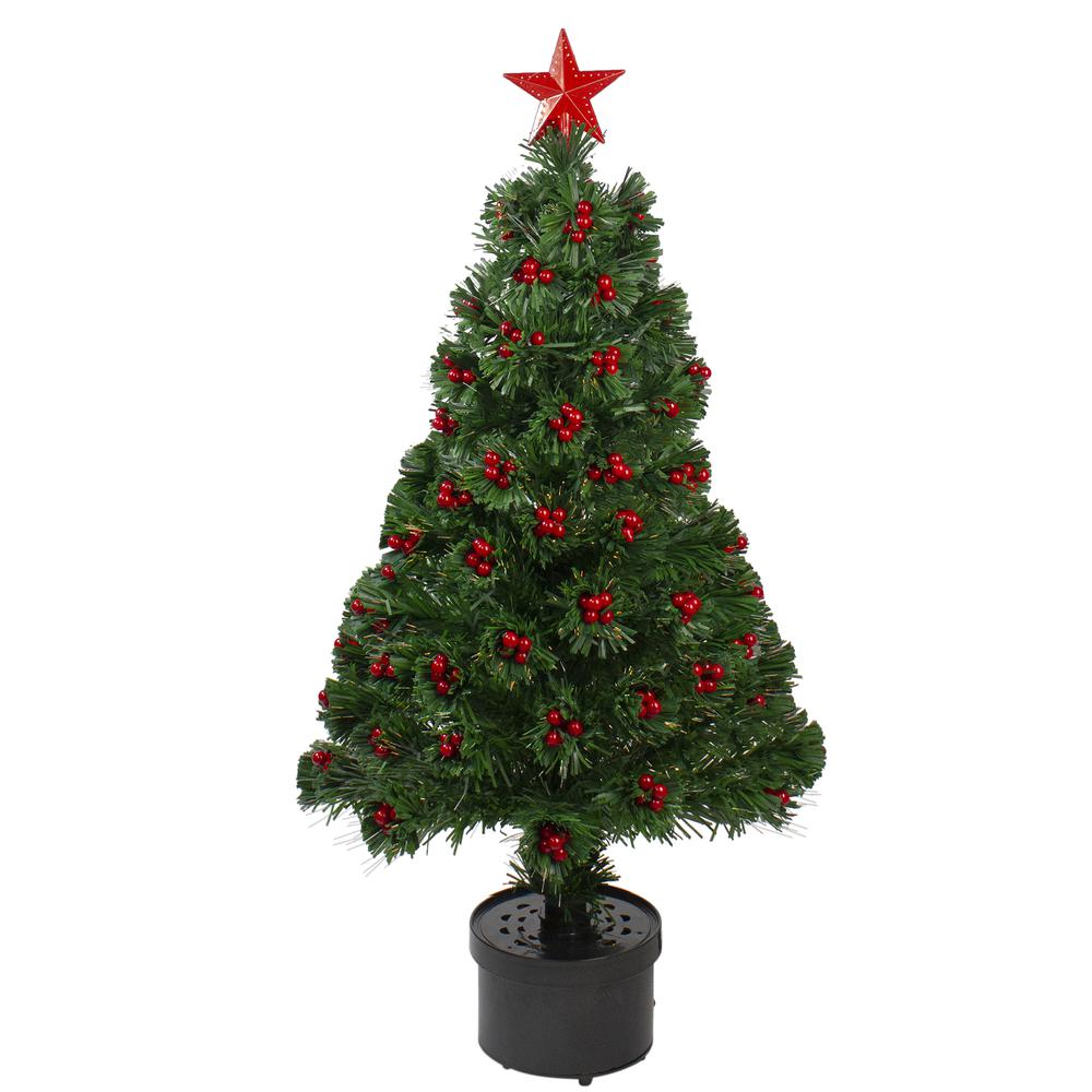 3' Pre-Lit Color Changing Fiber Optic Christmas Tree with Red Berries. Picture 1