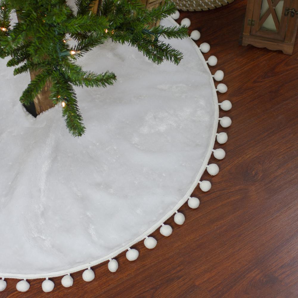 36" White Christmas Tree Skirt With a Pom Pom Border and Tie Backs. Picture 2