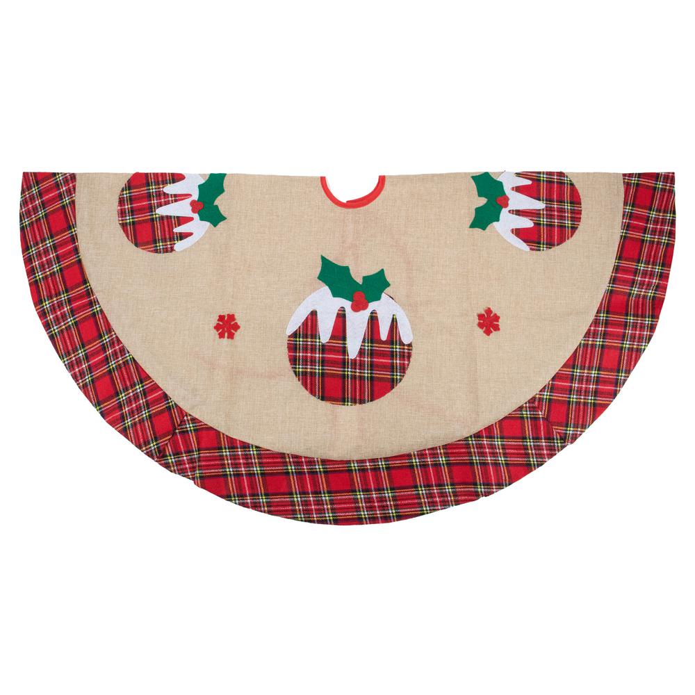 48" Burlap Plaid Tree Skirt with Christmas Puddings. Picture 1