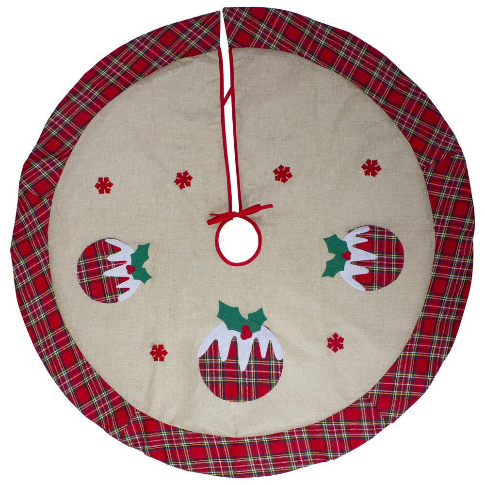 48" Burlap Plaid Tree Skirt with Christmas Puddings. Picture 3