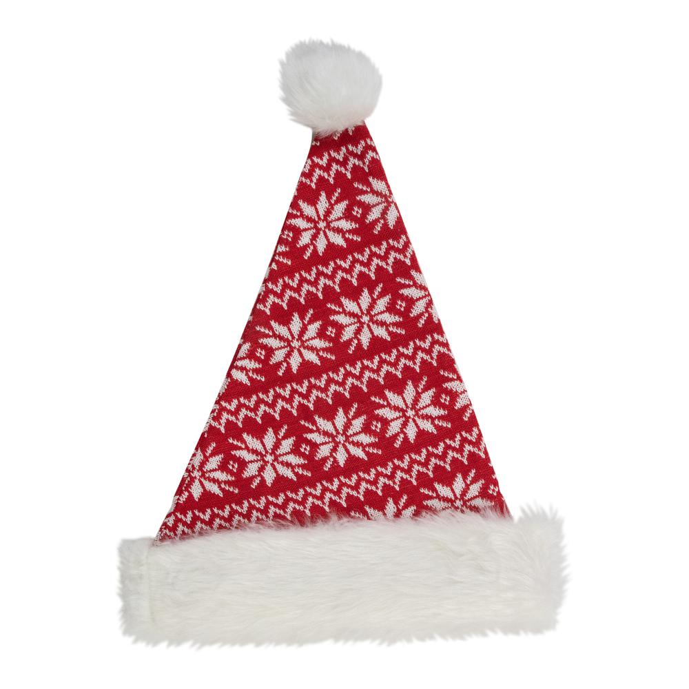 17" Red and White Nordic Snowflake and Striped Santa Hat With Pom Pom. Picture 1