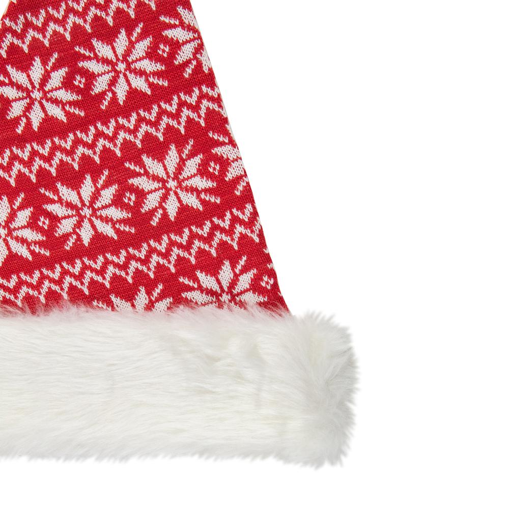 17" Red and White Nordic Snowflake and Striped Santa Hat With Pom Pom. Picture 2
