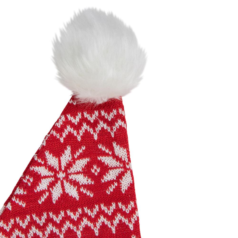 17" Red and White Nordic Snowflake and Striped Santa Hat With Pom Pom. Picture 3