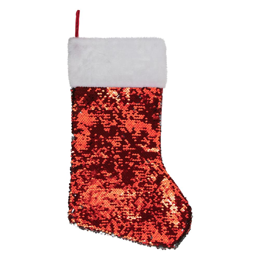 19" Red and Silver Sequin Christmas Stocking With White Faux Fur Cuff. Picture 1