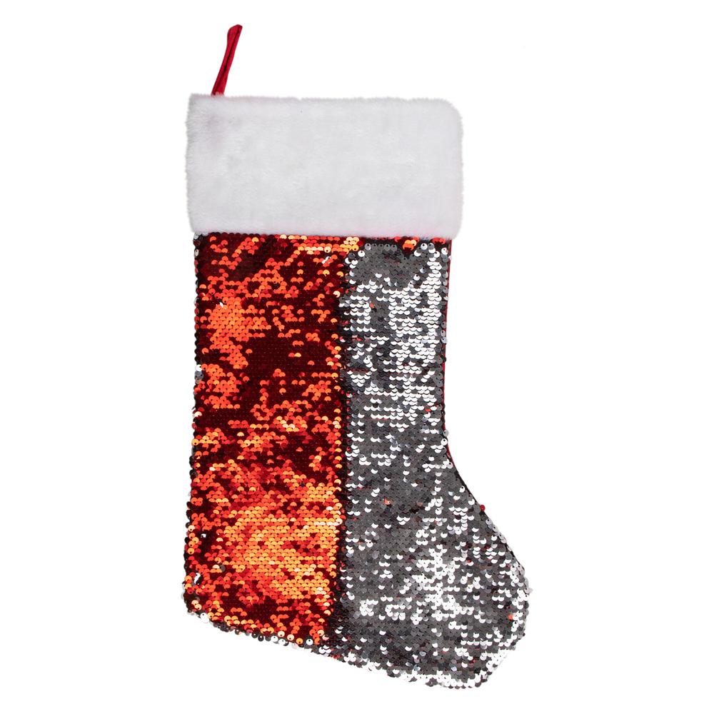 19" Red and Silver Sequin Christmas Stocking With White Faux Fur Cuff. Picture 3