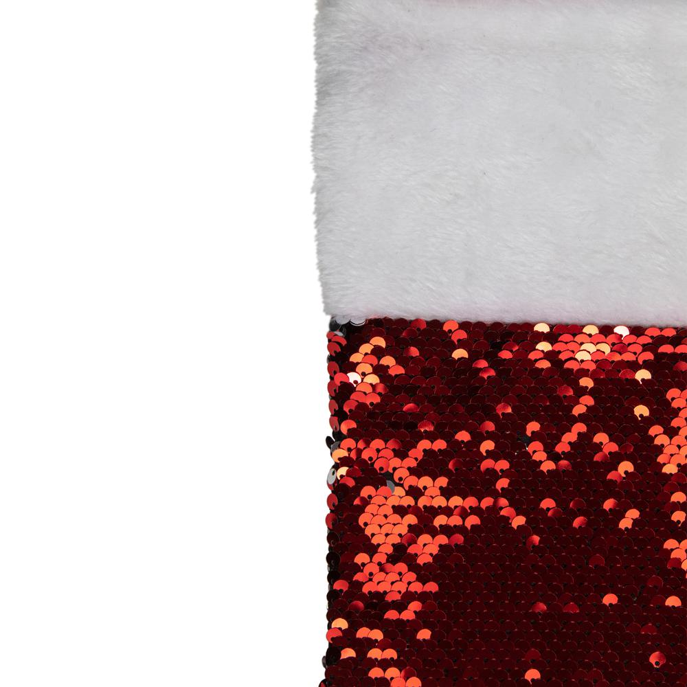 19" Red and Silver Sequin Christmas Stocking With White Faux Fur Cuff. Picture 4