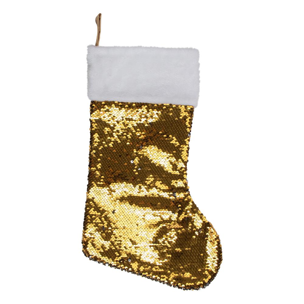 19" Gold and Silver Sequin Christmas Stocking With White Faux Fur Cuff. The main picture.