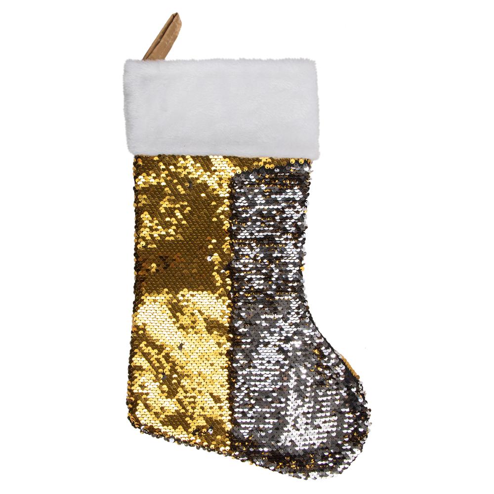 19" Gold and Silver Sequin Christmas Stocking With White Faux Fur Cuff. Picture 3