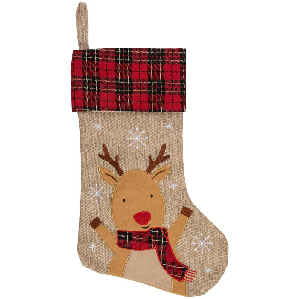 19" Burlap Plaid Whimsical Reindeer Waiving Christmas Stocking. Picture 1