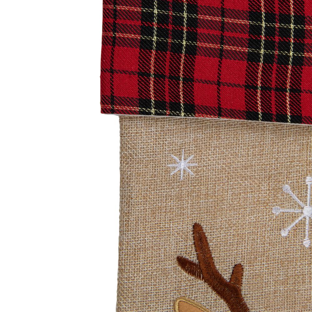 19" Burlap Plaid Whimsical Reindeer Waiving Christmas Stocking. Picture 4