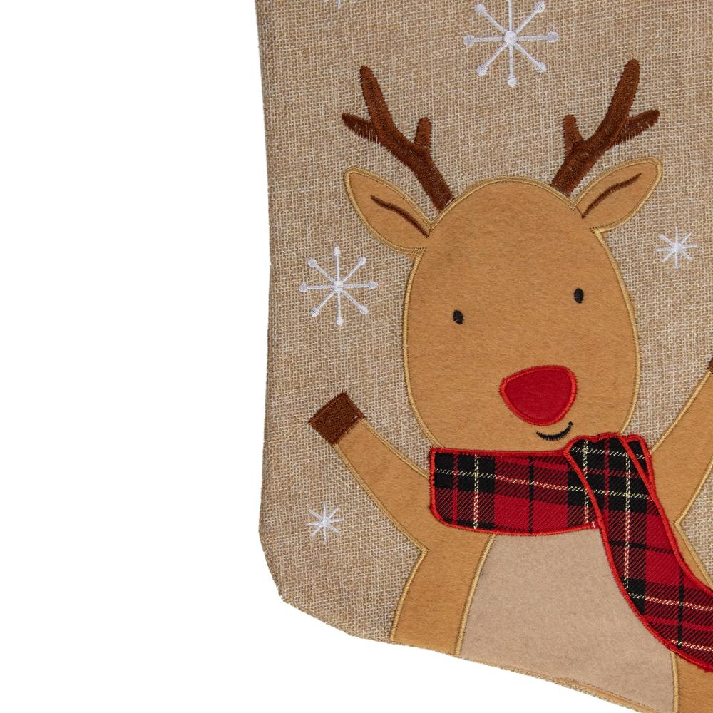 19" Burlap Plaid Whimsical Reindeer Waiving Christmas Stocking. Picture 3