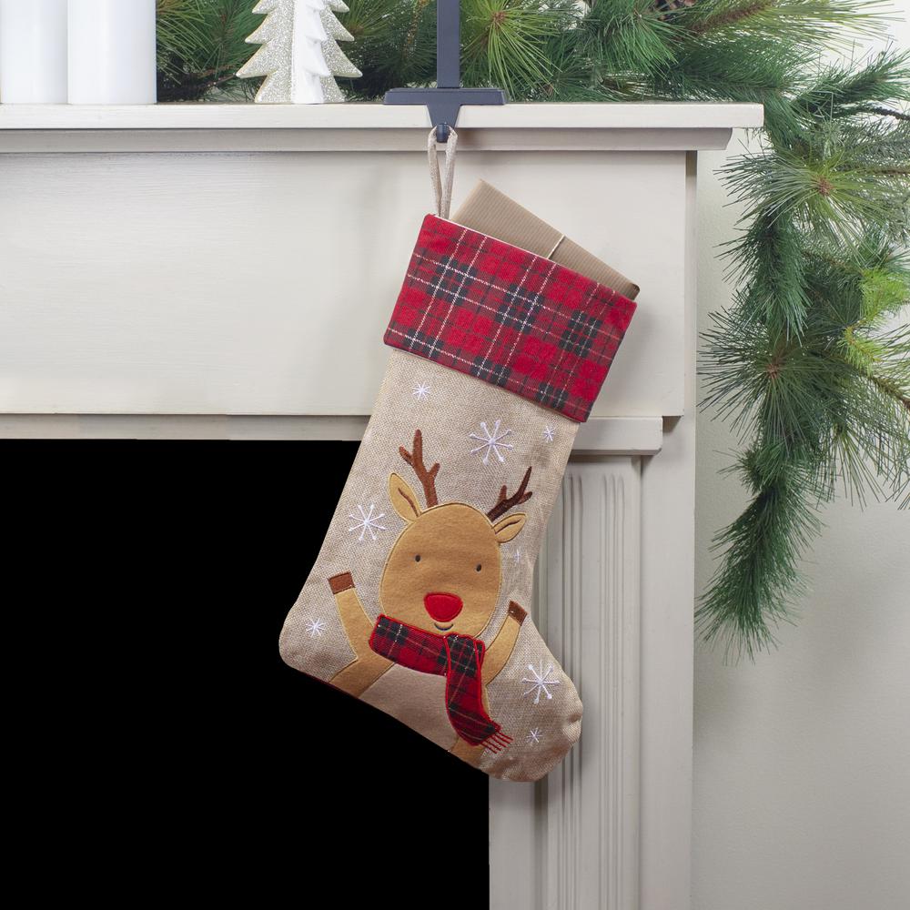 19" Burlap Plaid Whimsical Reindeer Waiving Christmas Stocking. Picture 2