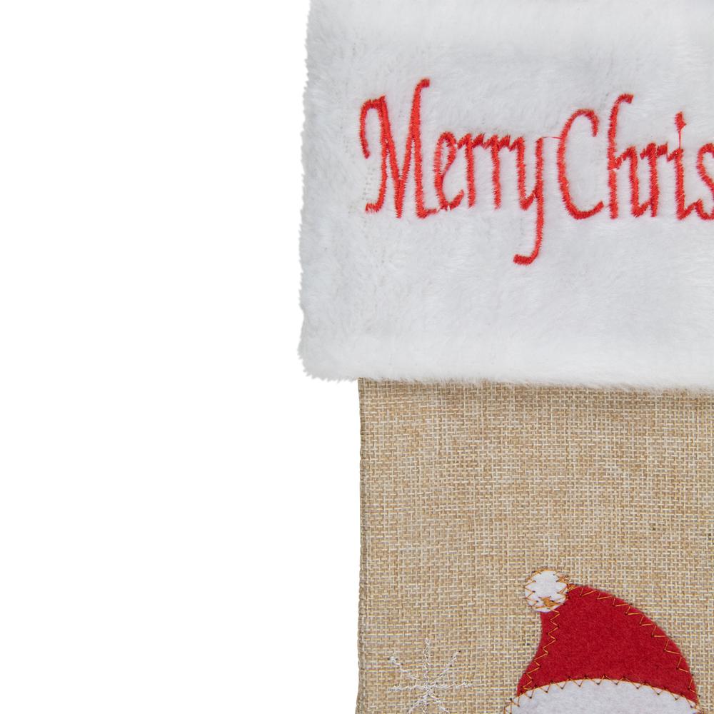 19" Beige and Red Burlap "Merry Christmas" Santa Christmas Stocking. Picture 4