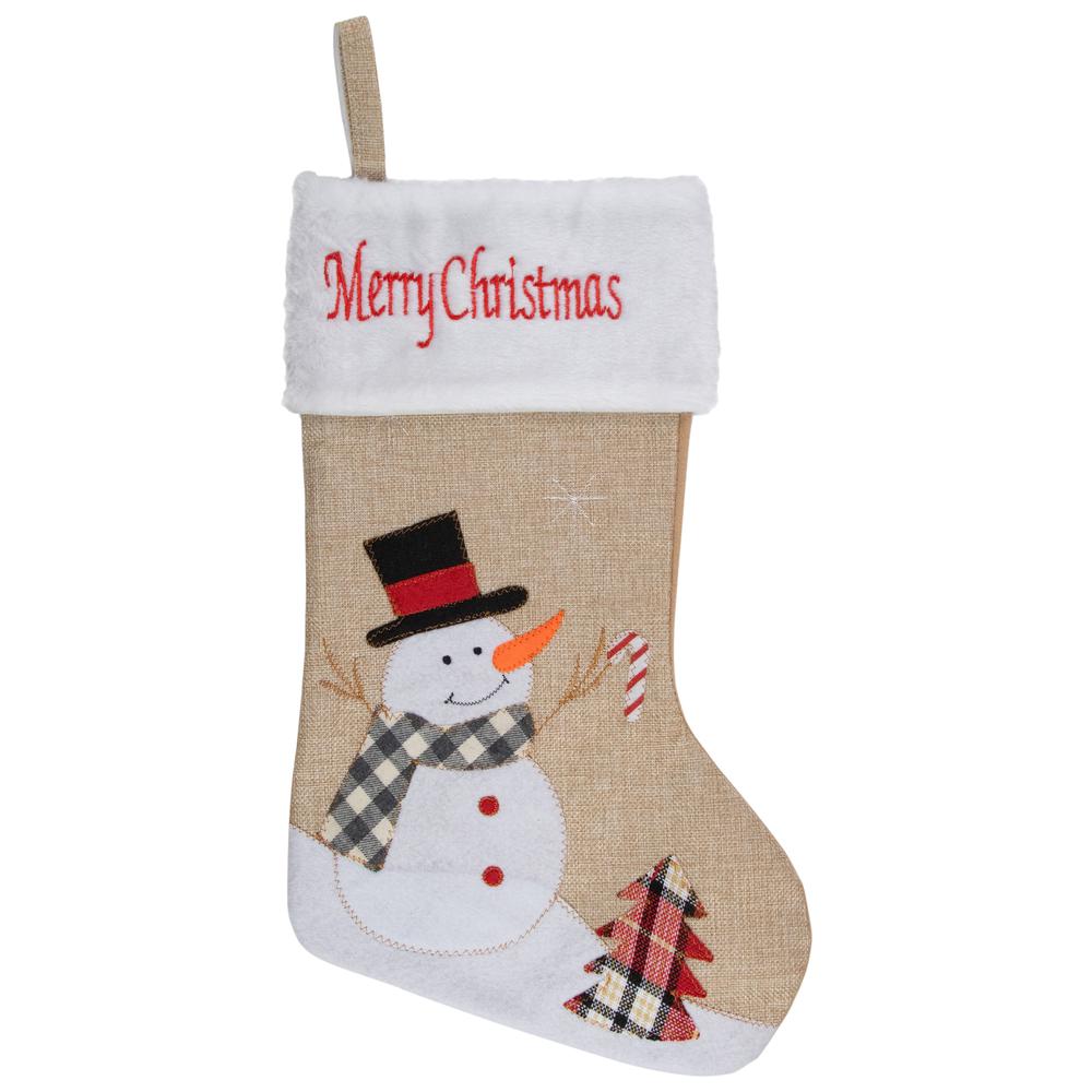 19" Beige and Red Burlap "Merry Christmas" Snowman Christmas Stocking. Picture 1