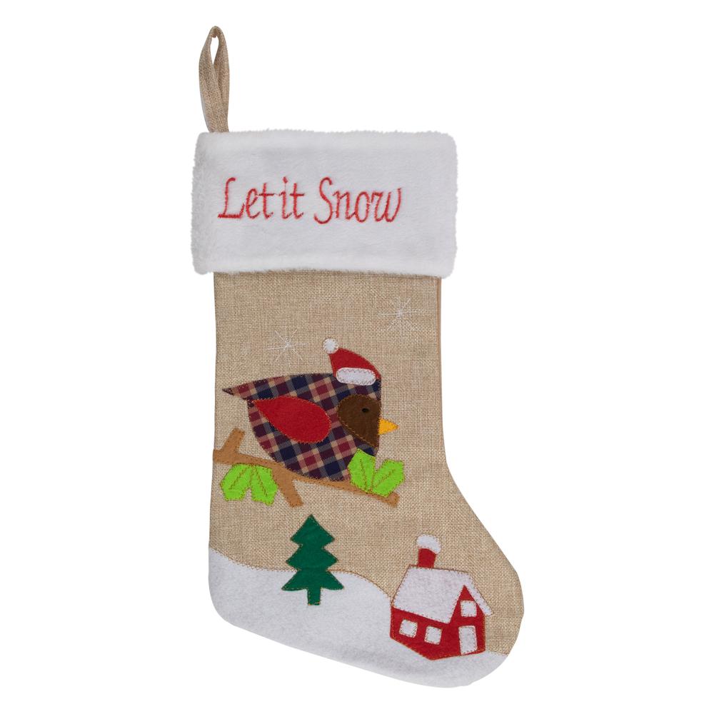 19" Beige and Red Burlap "Let It Snow" Bird Christmas Stocking. Picture 1