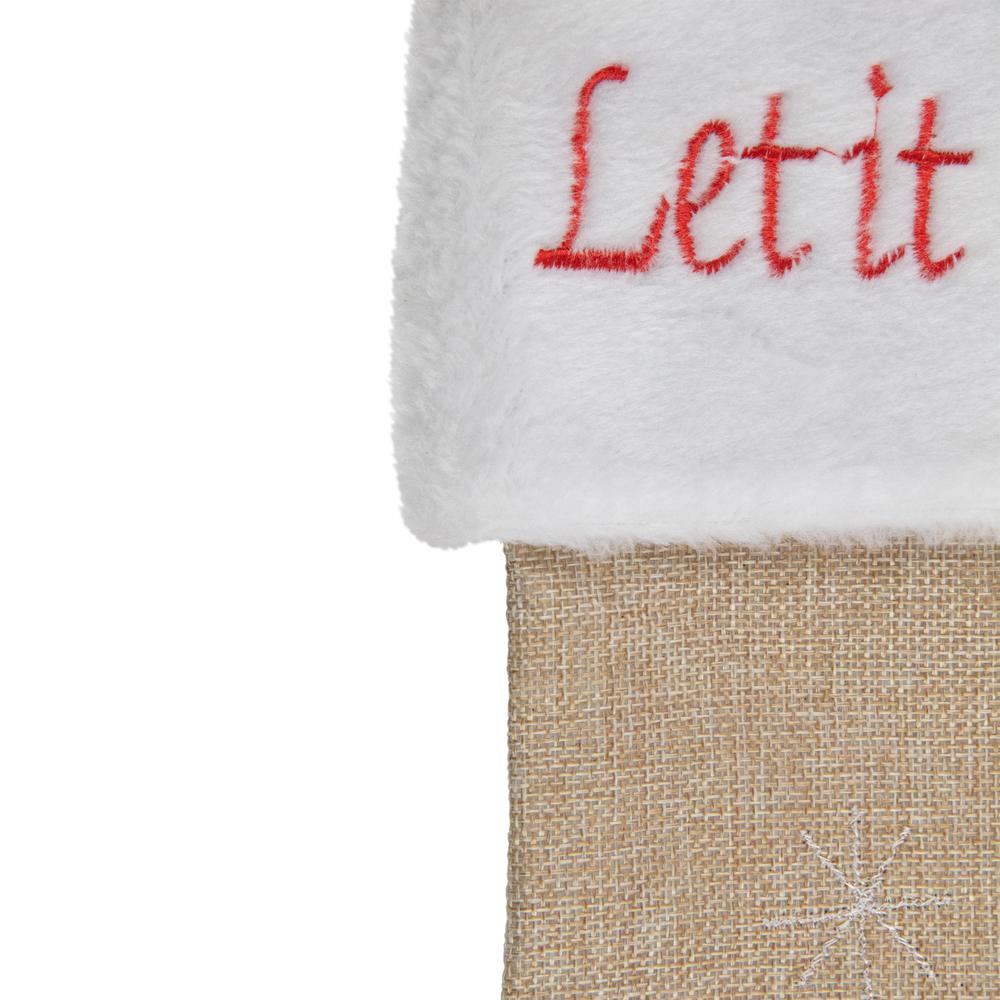 19" Beige and Red Burlap "Let It Snow" Bird Christmas Stocking. Picture 4