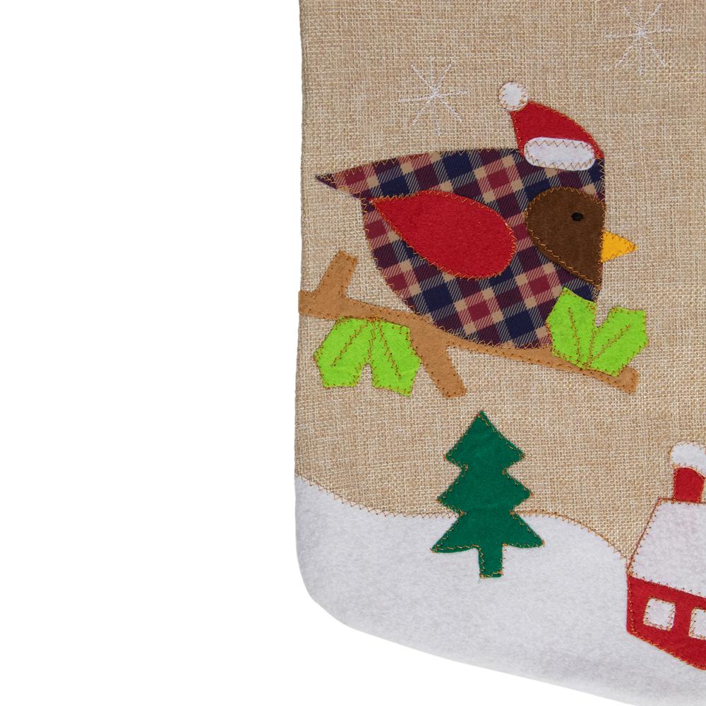 19" Beige and Red Burlap "Let It Snow" Bird Christmas Stocking. Picture 3