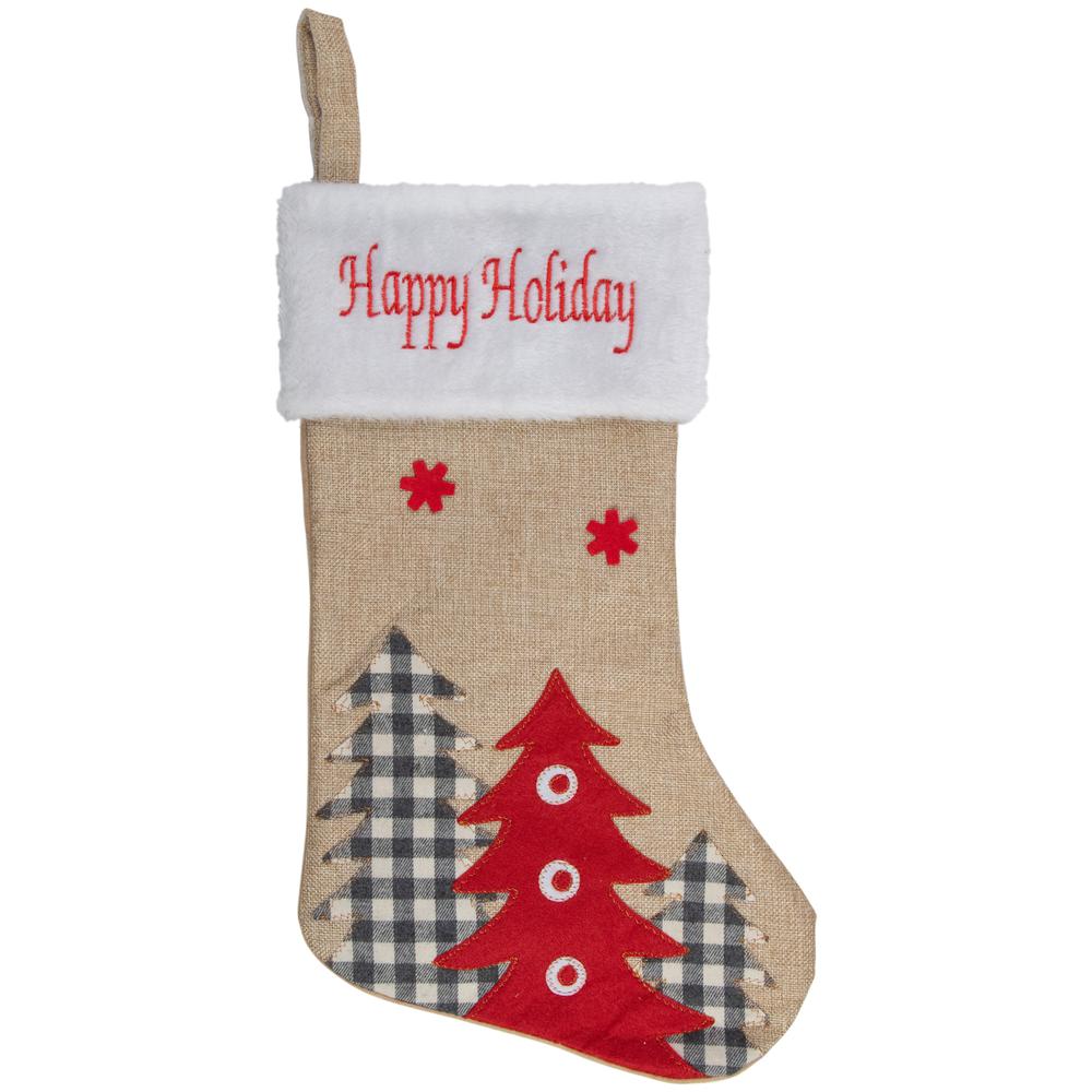 19" Beige and Red Burlap "Happy Holidays" Forest Trees Christmas Stocking. Picture 1