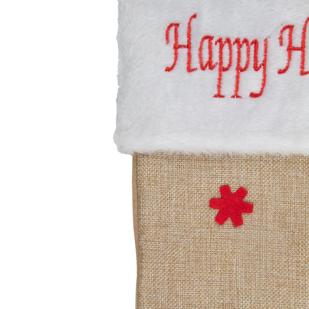19" Beige and Red Burlap "Happy Holidays" Forest Trees Christmas Stocking. Picture 4