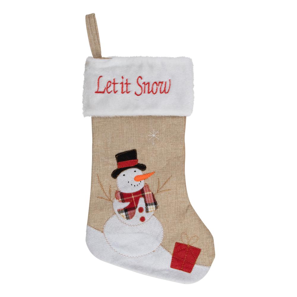 19" Beige and Red Burlap "Let It Snow" Snowman Christmas Stocking. Picture 1