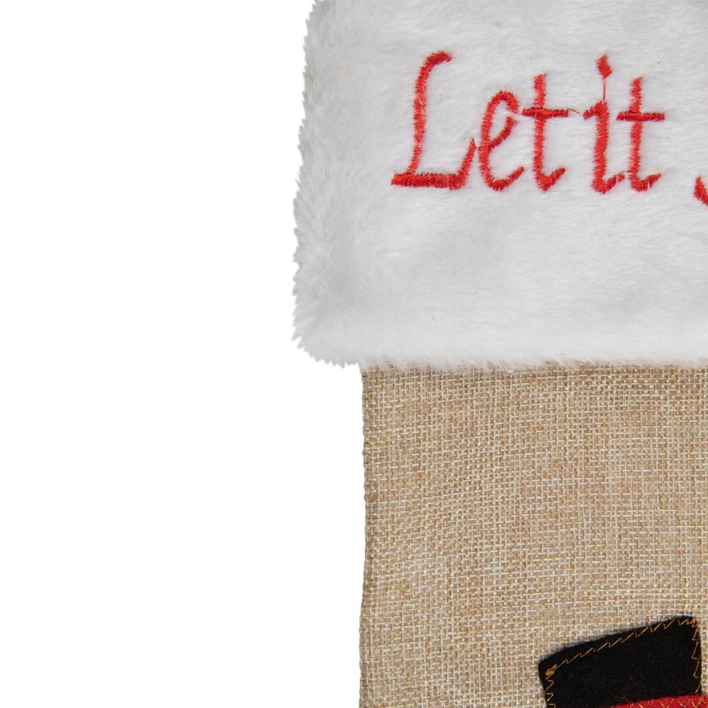 19" Beige and Red Burlap "Let It Snow" Snowman Christmas Stocking. Picture 4
