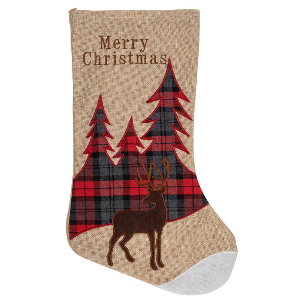 19" Beige and Red Plaid Reindeer With Forest Trees Christmas Stocking. The main picture.