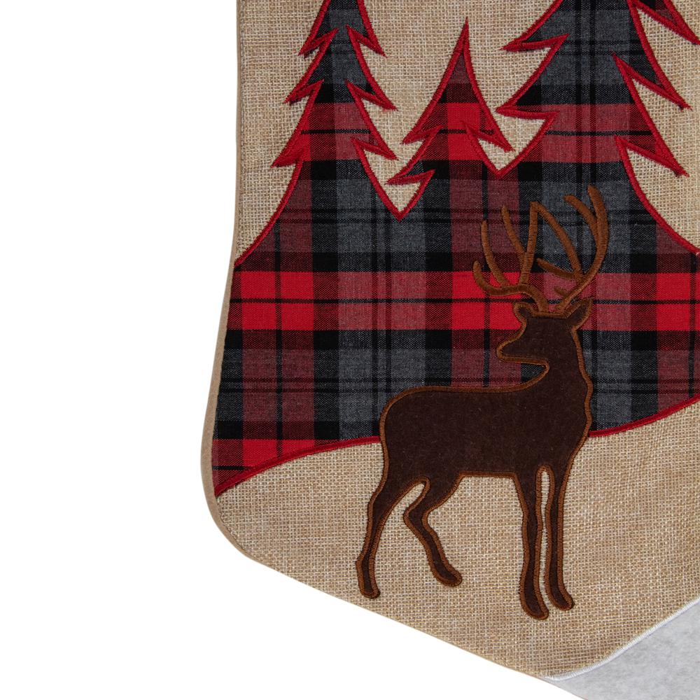 19" Beige and Red Plaid Reindeer With Forest Trees Christmas Stocking. Picture 3