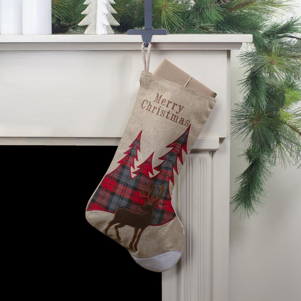 19" Beige and Red Plaid Reindeer With Forest Trees Christmas Stocking. Picture 2