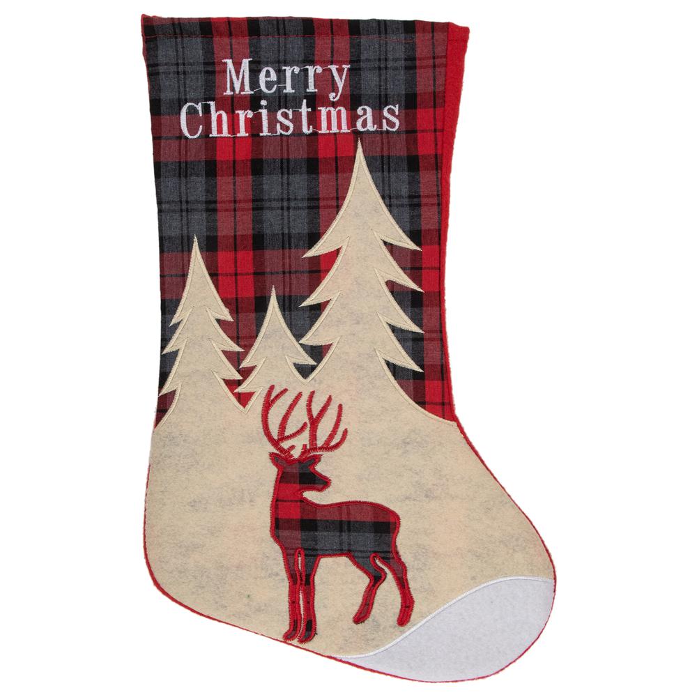 19" Green and Red Plaid Reindeer With Forest Trees Christmas Stocking. The main picture.