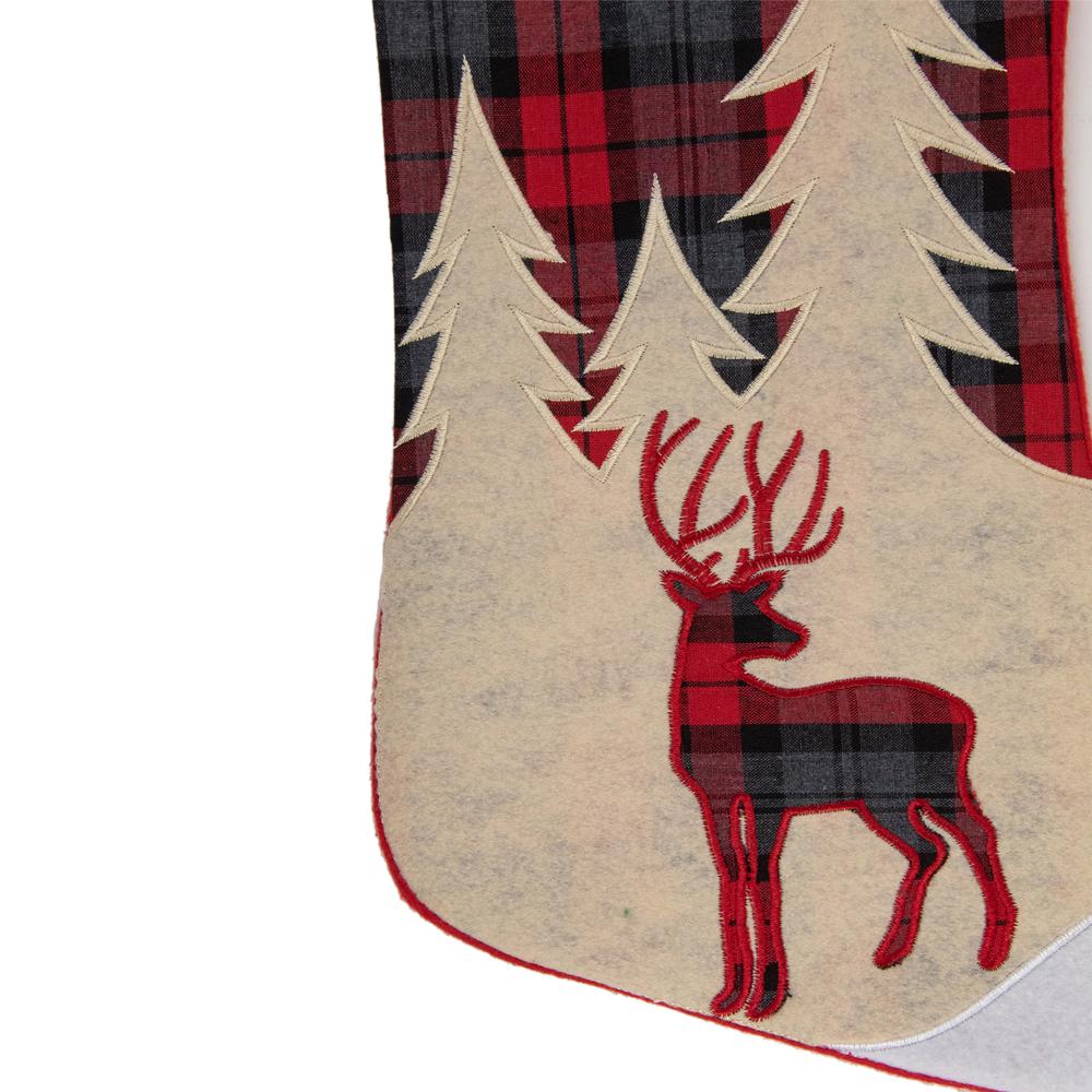 19" Green and Red Plaid Reindeer With Forest Trees Christmas Stocking. Picture 3