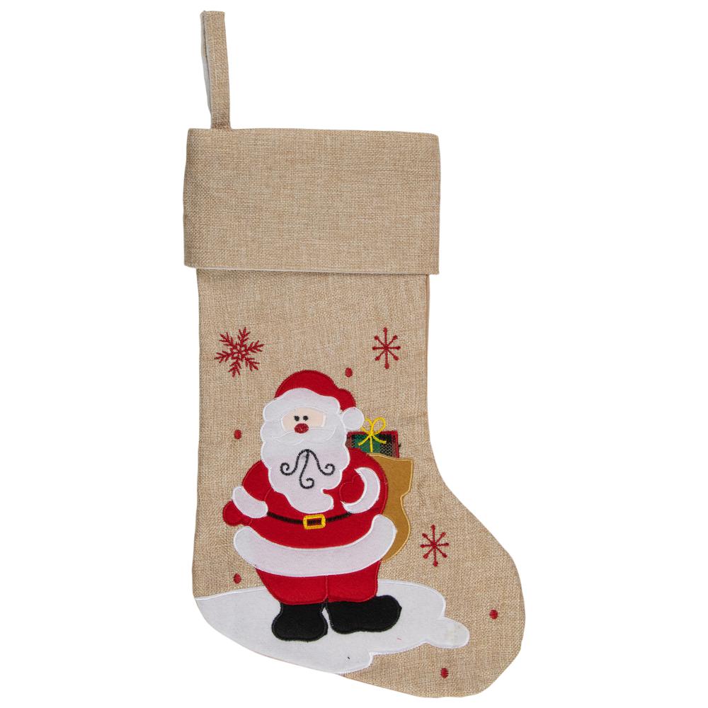19" Burlap Standing Santa With Present Bag Christmas Stocking. Picture 1