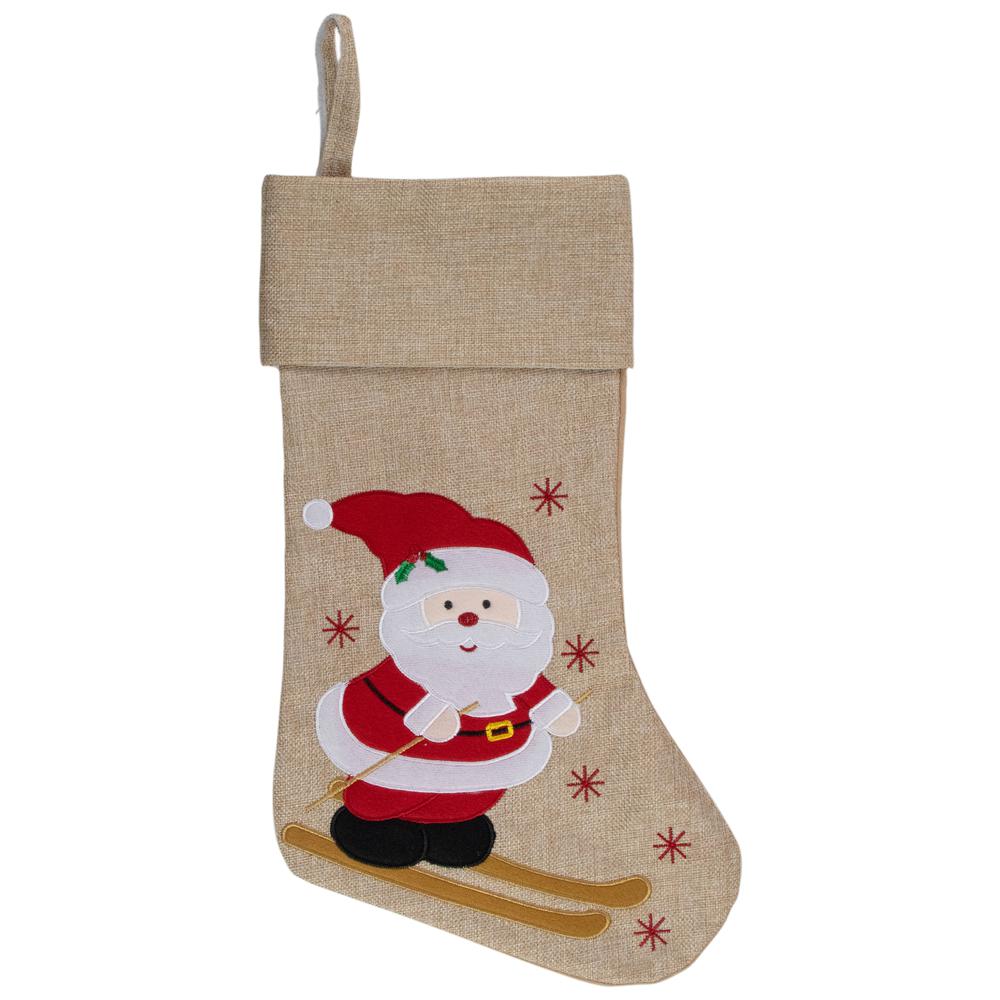 19" Burlap Skiing Santa With Poles and Snowflakes Christmas Stocking. Picture 1