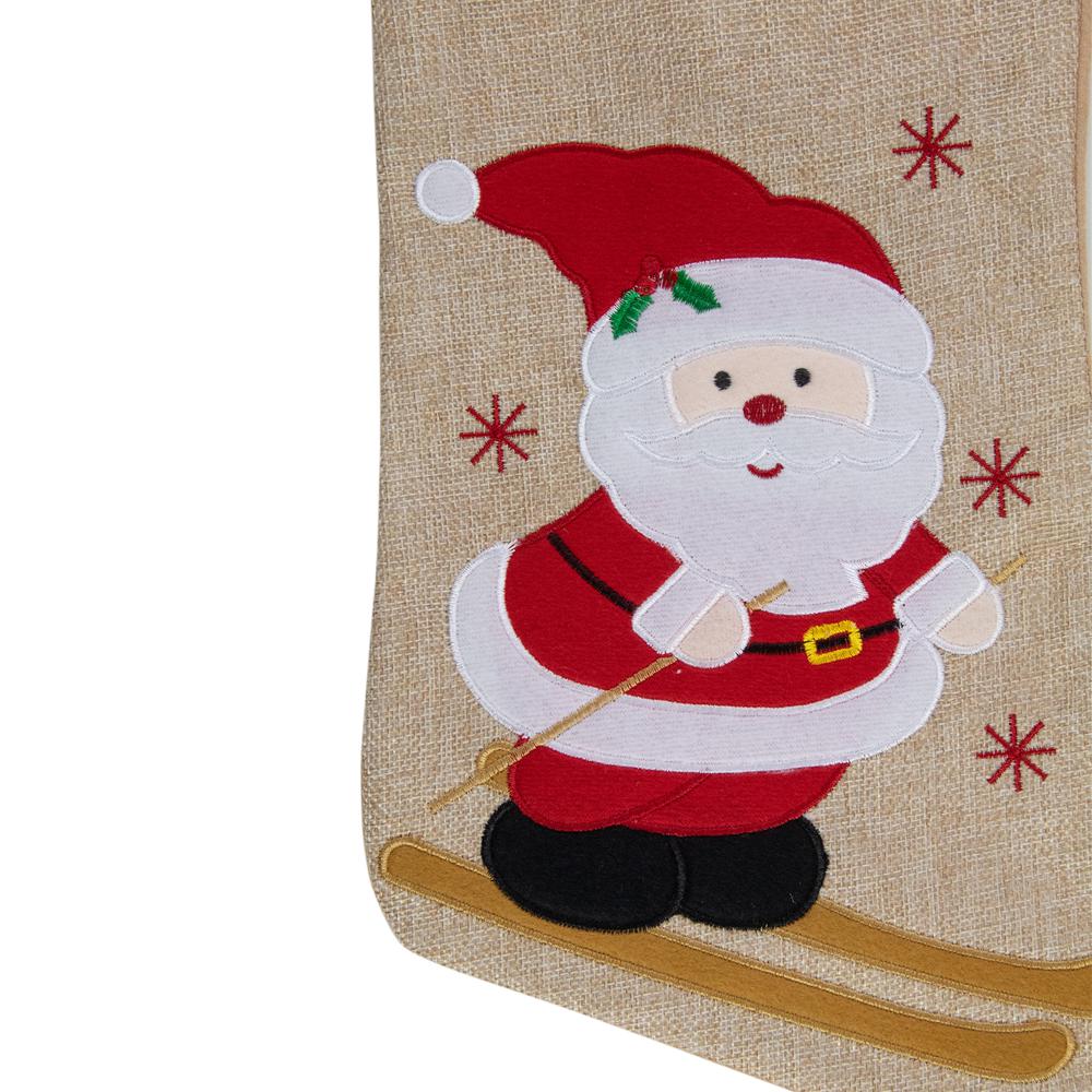19" Burlap Skiing Santa With Poles and Snowflakes Christmas Stocking. Picture 3