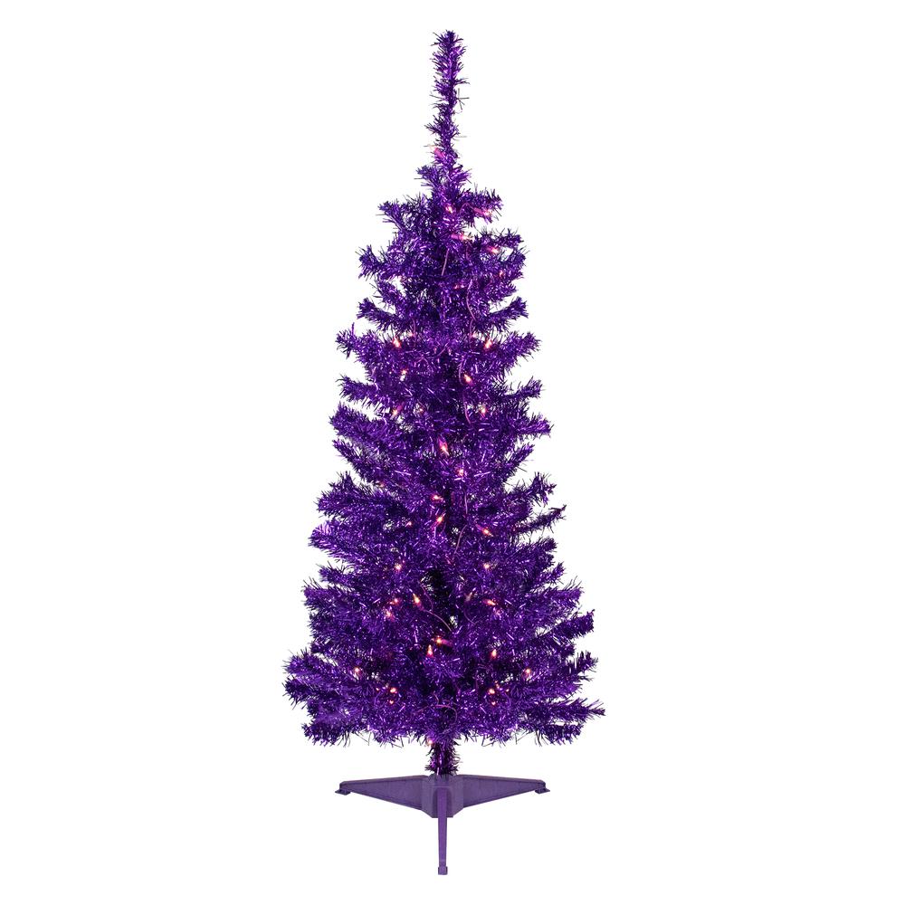 4' Pre-Lit Purple Artificial Tinsel Christmas Tree  Clear Lights. Picture 1