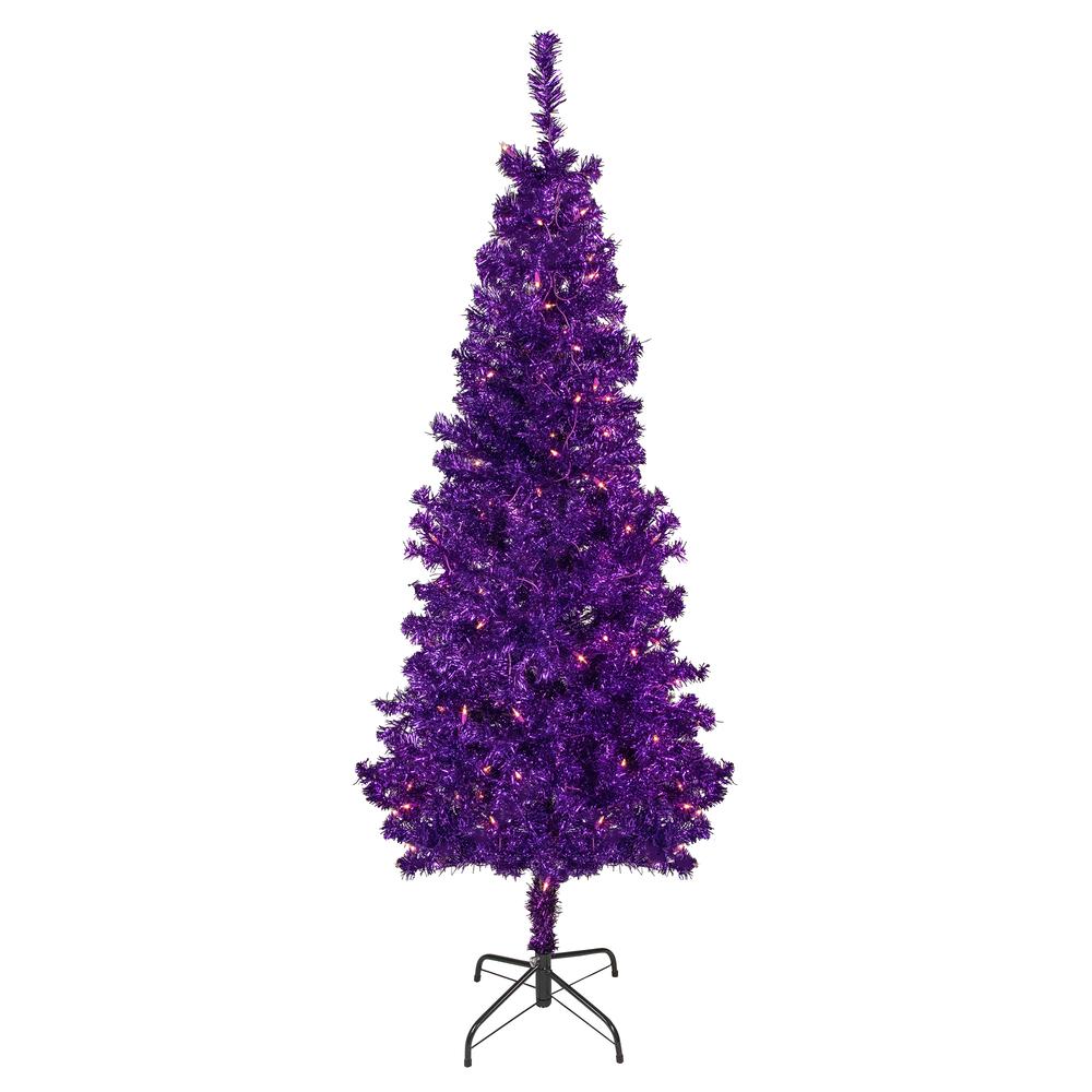 6' Pre-Lit Purple Artificial Tinsel Christmas Tree  Clear Lights. Picture 1