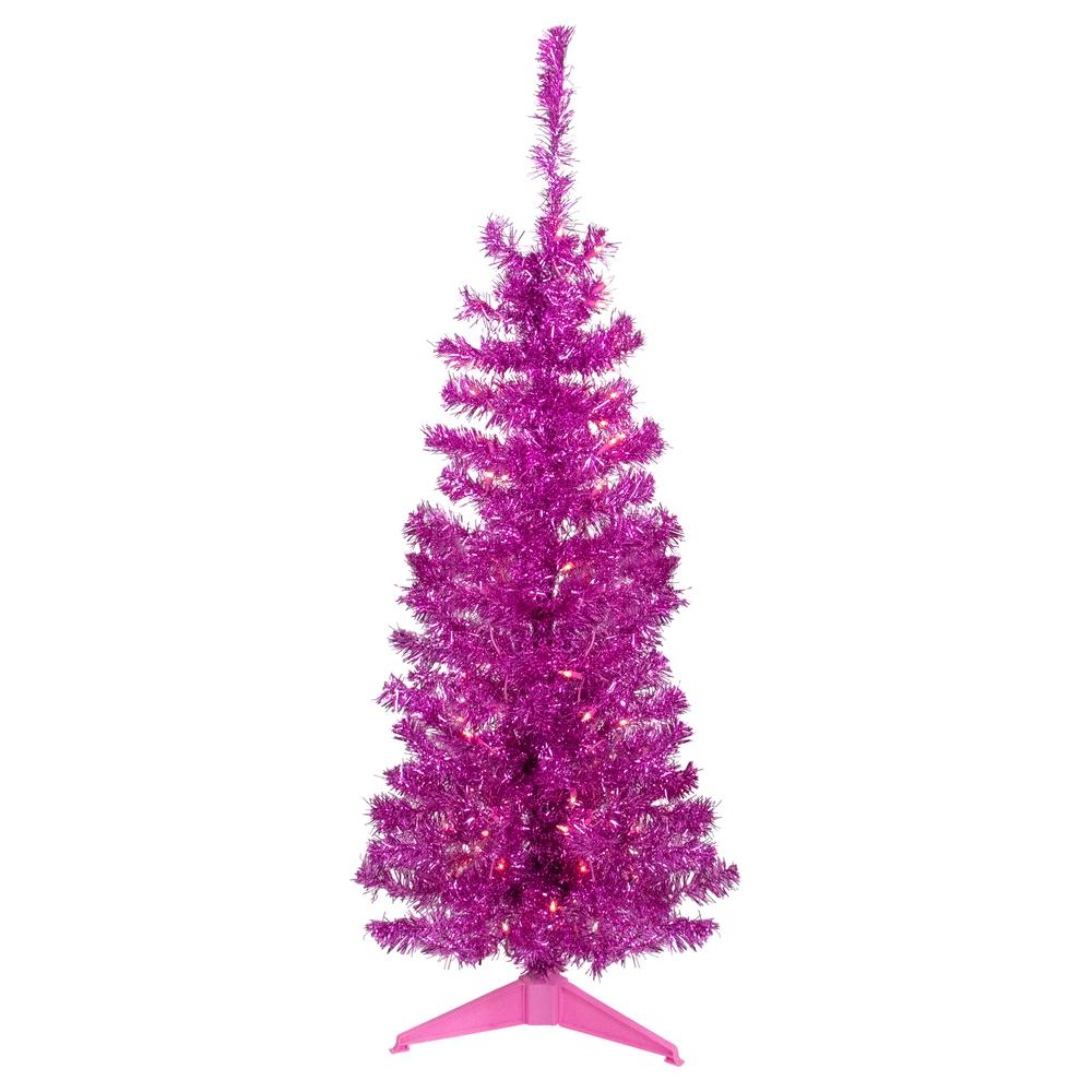 4' Pre-Lit Pink Artificial Tinsel Christmas Tree  Clear Lights. Picture 1